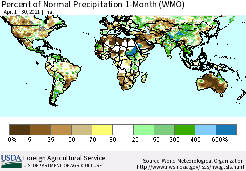 World Percent of Normal Precipitation 1-Month (WMO) Thematic Map For 4/1/2021 - 4/30/2021