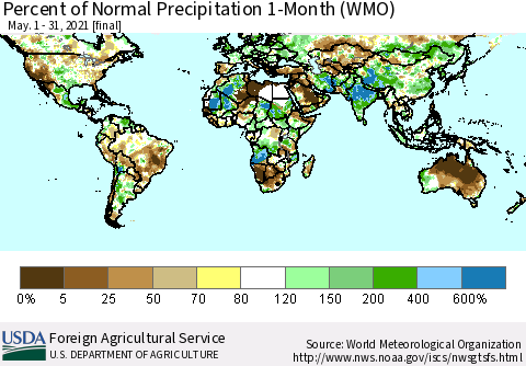 World Percent of Normal Precipitation 1-Month (WMO) Thematic Map For 5/1/2021 - 5/31/2021