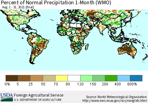 World Percent of Normal Precipitation 1-Month (WMO) Thematic Map For 8/1/2021 - 8/31/2021
