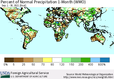World Percent of Normal Precipitation 1-Month (WMO) Thematic Map For 9/1/2021 - 9/30/2021
