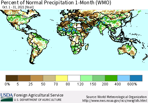 World Percent of Normal Precipitation 1-Month (WMO) Thematic Map For 10/1/2021 - 10/31/2021