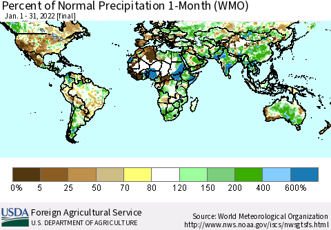 World Percent of Normal Precipitation 1-Month (WMO) Thematic Map For 1/1/2022 - 1/31/2022