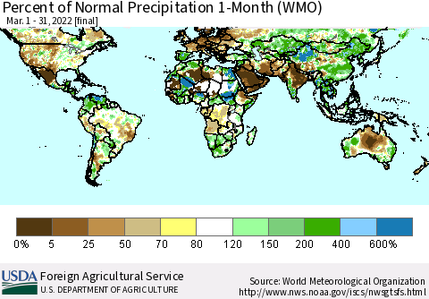 World Percent of Normal Precipitation 1-Month (WMO) Thematic Map For 3/1/2022 - 3/31/2022