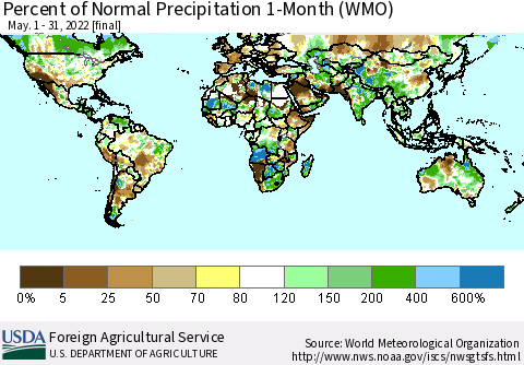 World Percent of Normal Precipitation 1-Month (WMO) Thematic Map For 5/1/2022 - 5/31/2022