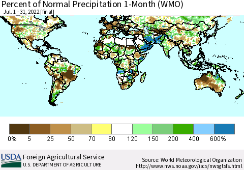 World Percent of Normal Precipitation 1-Month (WMO) Thematic Map For 7/1/2022 - 7/31/2022