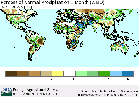 World Percent of Normal Precipitation 1-Month (WMO) Thematic Map For 8/1/2022 - 8/31/2022