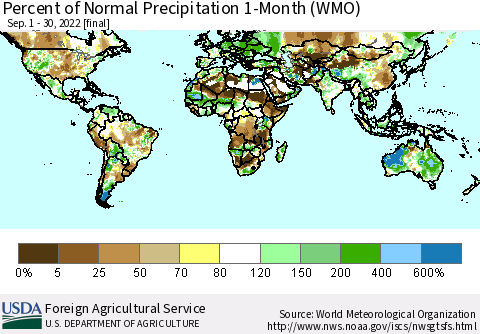 World Percent of Normal Precipitation 1-Month (WMO) Thematic Map For 9/1/2022 - 9/30/2022