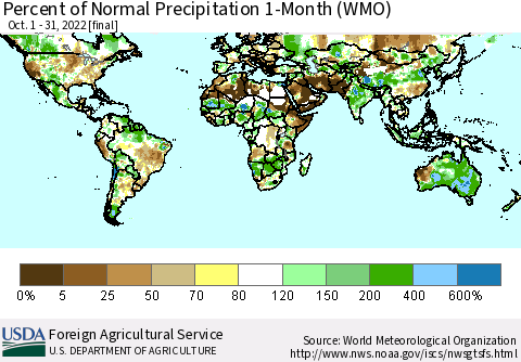 World Percent of Normal Precipitation 1-Month (WMO) Thematic Map For 10/1/2022 - 10/31/2022