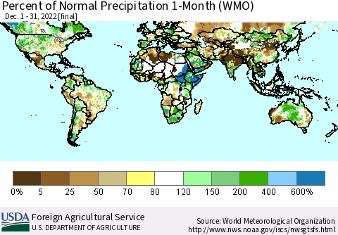 World Percent of Normal Precipitation 1-Month (WMO) Thematic Map For 12/1/2022 - 12/31/2022