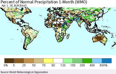 World Percent of Normal Precipitation 1-Month (WMO) Thematic Map For 4/1/2024 - 4/30/2024