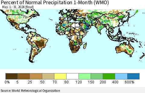 World Percent of Normal Precipitation 1-Month (WMO) Thematic Map For 5/1/2024 - 5/31/2024