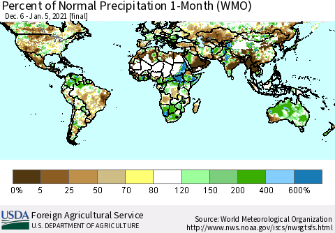 World Percent of Normal Precipitation 1-Month (WMO) Thematic Map For 12/6/2020 - 1/5/2021