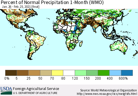 World Percent of Normal Precipitation 1-Month (WMO) Thematic Map For 1/26/2021 - 2/25/2021