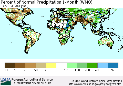 World Percent of Normal Precipitation 1-Month (WMO) Thematic Map For 2/1/2021 - 2/28/2021