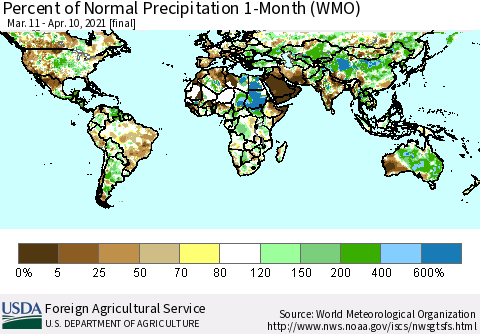World Percent of Normal Precipitation 1-Month (WMO) Thematic Map For 3/11/2021 - 4/10/2021