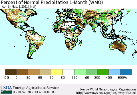 World Percent of Normal Precipitation 1-Month (WMO) Thematic Map For 4/6/2021 - 5/5/2021