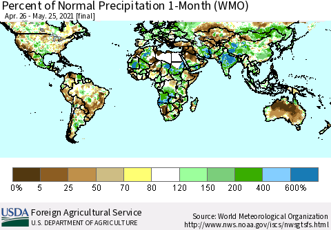 World Percent of Normal Precipitation 1-Month (WMO) Thematic Map For 4/26/2021 - 5/25/2021