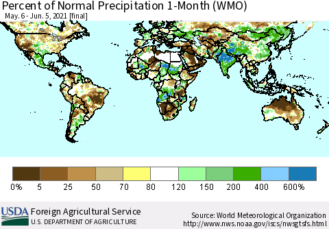 World Percent of Normal Precipitation 1-Month (WMO) Thematic Map For 5/6/2021 - 6/5/2021