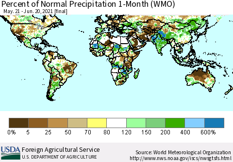 World Percent of Normal Precipitation 1-Month (WMO) Thematic Map For 5/21/2021 - 6/20/2021