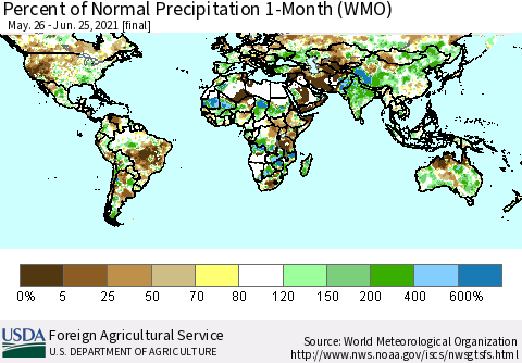 World Percent of Normal Precipitation 1-Month (WMO) Thematic Map For 5/26/2021 - 6/25/2021