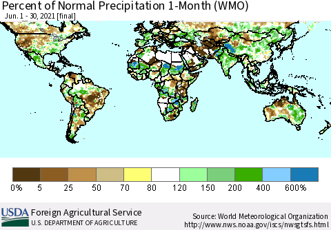 World Percent of Normal Precipitation 1-Month (WMO) Thematic Map For 6/1/2021 - 6/30/2021