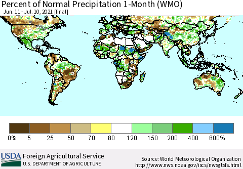 World Percent of Normal Precipitation 1-Month (WMO) Thematic Map For 6/11/2021 - 7/10/2021