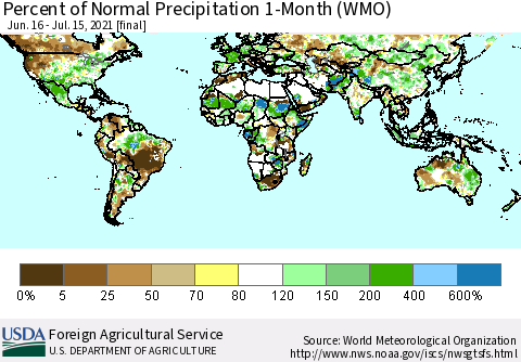 World Percent of Normal Precipitation 1-Month (WMO) Thematic Map For 6/16/2021 - 7/15/2021