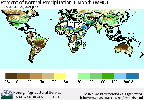 World Percent of Normal Precipitation 1-Month (WMO) Thematic Map For 6/26/2021 - 7/25/2021