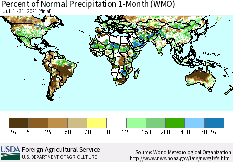World Percent of Normal Precipitation 1-Month (WMO) Thematic Map For 7/1/2021 - 7/31/2021