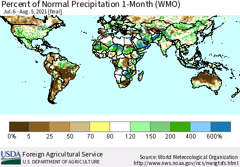 World Percent of Normal Precipitation 1-Month (WMO) Thematic Map For 7/6/2021 - 8/5/2021