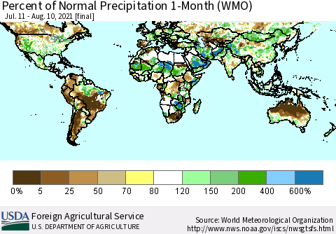 World Percent of Normal Precipitation 1-Month (WMO) Thematic Map For 7/11/2021 - 8/10/2021