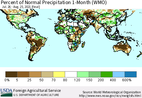 World Percent of Normal Precipitation 1-Month (WMO) Thematic Map For 7/26/2021 - 8/25/2021