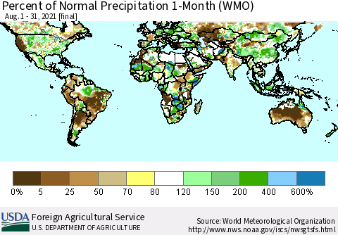 World Percent of Normal Precipitation 1-Month (WMO) Thematic Map For 8/1/2021 - 8/31/2021