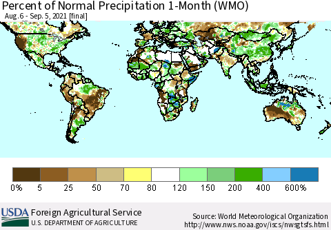 World Percent of Normal Precipitation 1-Month (WMO) Thematic Map For 8/6/2021 - 9/5/2021