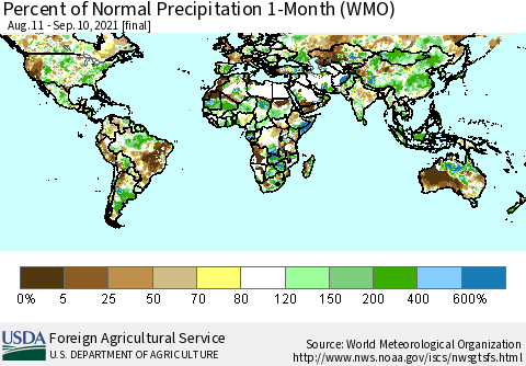 World Percent of Normal Precipitation 1-Month (WMO) Thematic Map For 8/11/2021 - 9/10/2021