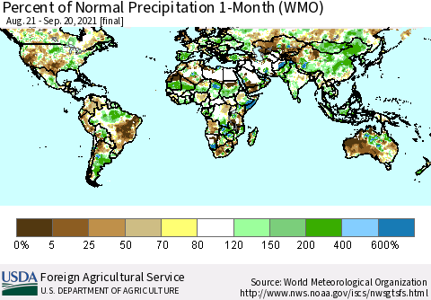 World Percent of Normal Precipitation 1-Month (WMO) Thematic Map For 8/21/2021 - 9/20/2021