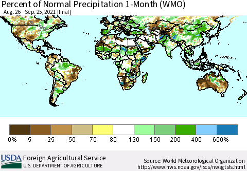 World Percent of Normal Precipitation 1-Month (WMO) Thematic Map For 8/26/2021 - 9/25/2021
