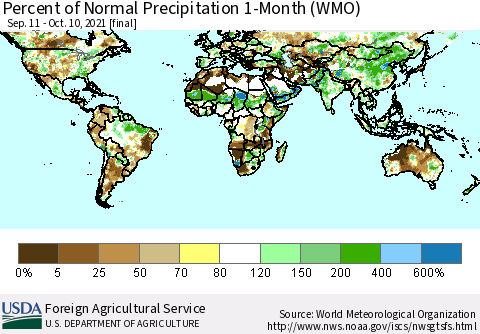 World Percent of Normal Precipitation 1-Month (WMO) Thematic Map For 9/11/2021 - 10/10/2021