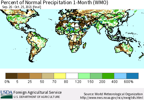 World Percent of Normal Precipitation 1-Month (WMO) Thematic Map For 9/26/2021 - 10/25/2021