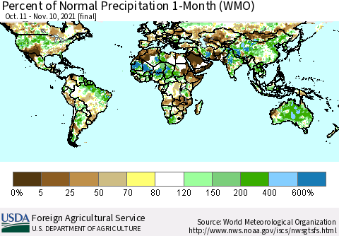 World Percent of Normal Precipitation 1-Month (WMO) Thematic Map For 10/11/2021 - 11/10/2021
