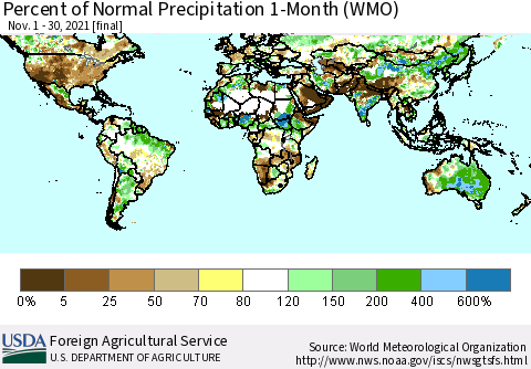 World Percent of Normal Precipitation 1-Month (WMO) Thematic Map For 11/1/2021 - 11/30/2021