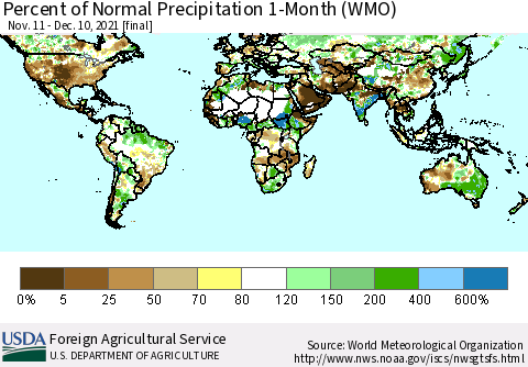 World Percent of Normal Precipitation 1-Month (WMO) Thematic Map For 11/11/2021 - 12/10/2021