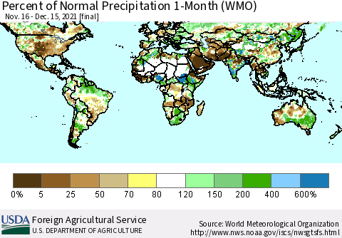 World Percent of Normal Precipitation 1-Month (WMO) Thematic Map For 11/16/2021 - 12/15/2021
