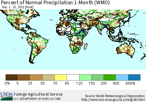 World Percent of Normal Precipitation 1-Month (WMO) Thematic Map For 12/1/2021 - 12/31/2021