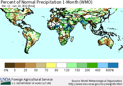 World Percent of Normal Precipitation 1-Month (WMO) Thematic Map For 12/11/2021 - 1/10/2022