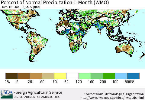 World Percent of Normal Precipitation 1-Month (WMO) Thematic Map For 12/16/2021 - 1/15/2022