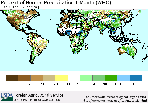 World Percent of Normal Precipitation 1-Month (WMO) Thematic Map For 1/6/2022 - 2/5/2022