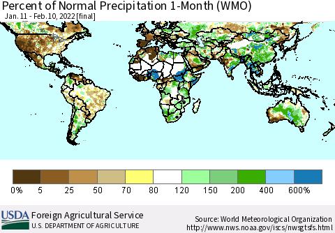 World Percent of Normal Precipitation 1-Month (WMO) Thematic Map For 1/11/2022 - 2/10/2022