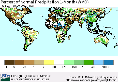 World Percent of Normal Precipitation 1-Month (WMO) Thematic Map For 1/21/2022 - 2/20/2022