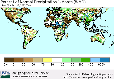 World Percent of Normal Precipitation 1-Month (WMO) Thematic Map For 1/26/2022 - 2/25/2022